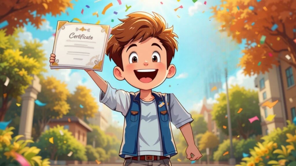 a boy fully happy after completing his course with a certificate in hand